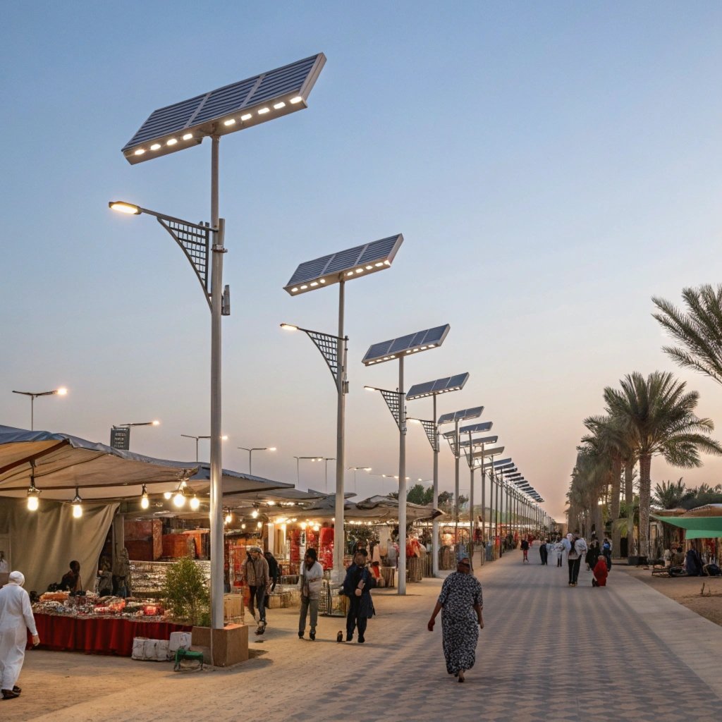 Solar street lights along a modern road, sustainable urban lighting