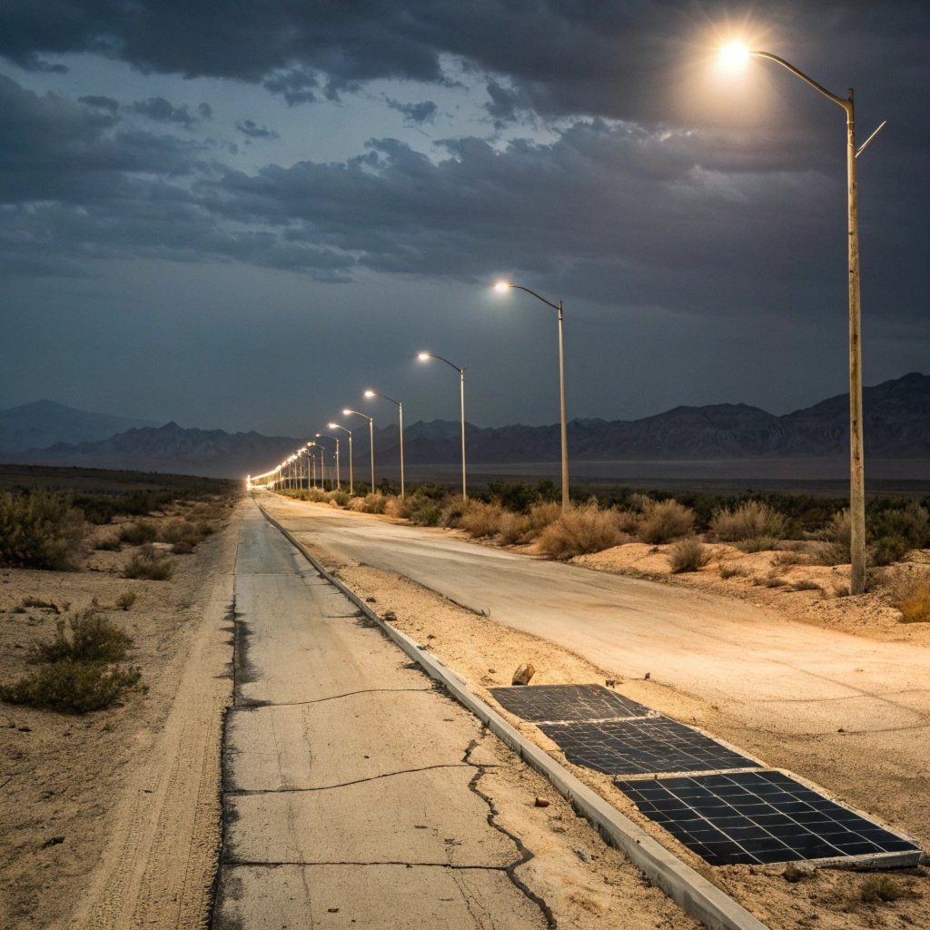 Solar street lights illuminating a desert road at night, ensuring safety and visibility