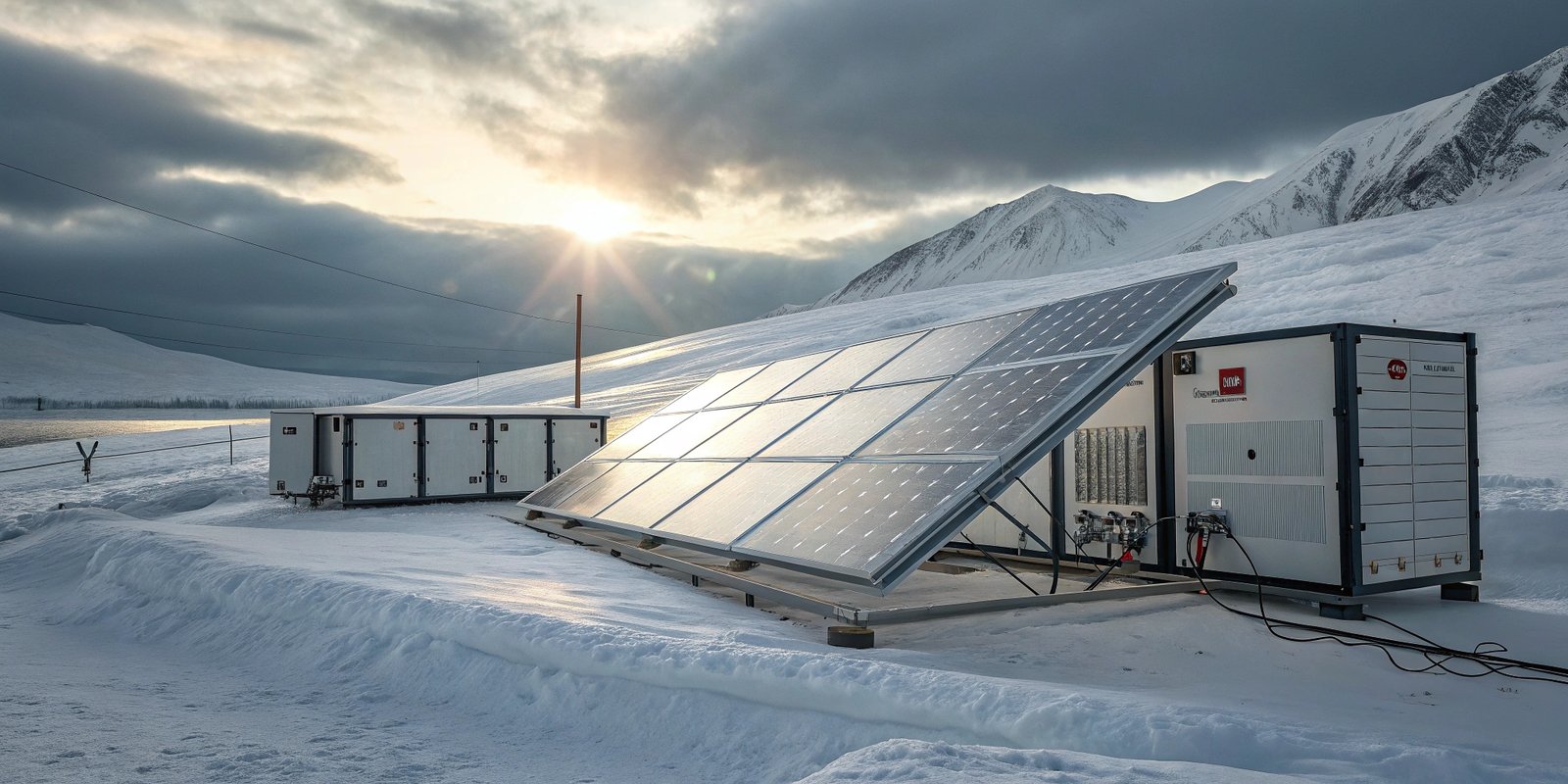 Solar panels and energy storage units in snowy mountain environment, showcasing sustainable energy solutions.