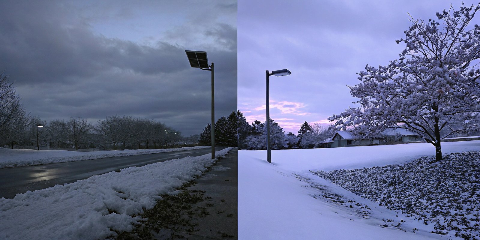 Solar-powered streetlights illuminating snowy roads and landscapes, demonstrating sustainable lighting solutions.